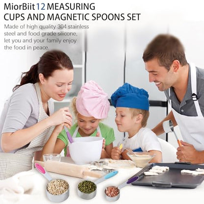 12 PCS Measuring Cups and Spoons Set Stainless Steel, 5 Measuring Cups with Colorful Silicone Handle and 6 Double-Sided Magnetic Measuring Spoons & 1 Leveler for Cooking and Baking (5+6+1)