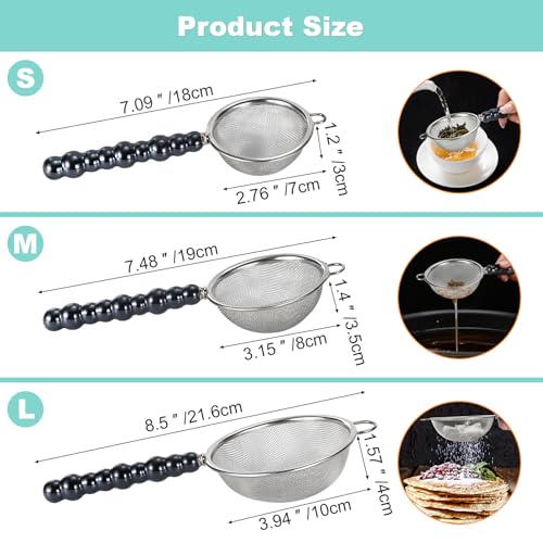 3 Sizes（2.76"+3.15"+3.94") Single Fine Mesh with Non-Slip Ceramic Handle,Perfect for Sift, Strain, Drain Rinse Vegetables