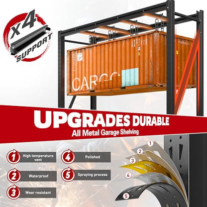 Romorgniz Garage Shelving Heavy Duty, 5000LBS Steel Rack for Garage, Shop | 4‑tier industrial solid steel shelf. Rust‑resistant, one‑piece uprights, side braces for stability, 16 supporting ribs - size: 60" W X 72" H X 18" D