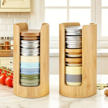 2 Pack Bamboo Mason Jar Lid Organizer - Fits 24 Wide & Regular Mouth Lids | Vertical Pantry Storage Rack for Kitchen Cabinet & Countertop | Space-Saving Canning Jar Accessories