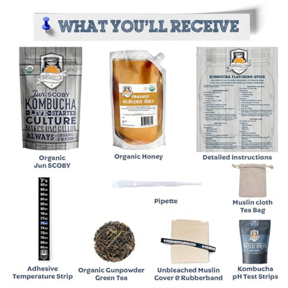 1 Gallon Jun Kombucha Starter Kit - Includes USDA Organic Jun SCOBY & Starter Tea + Ingredients To Start Brewing Your Own Jun Tea * Jar Not Included *