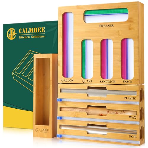 Calmbee 9 in 1 Bamboo Storage Bag Organizer for Kitchen Drawer – Plastic Wrap Dispenser with Cutter & Foil Organizer, Wooden Baggie Organizer for Sandwich, Snack, Gallon, Quart Sizes, Natural - color: Natural