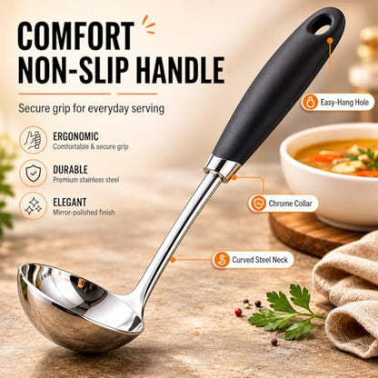 Stainless Steel Soup Ladle, 12 Inch Metal Ladle Spoon with Ergonomic Handle for Soup, Stew, Sauce, Chili, Gravy and Serving, Dishwasher Safe - color: B-Silver Ladle