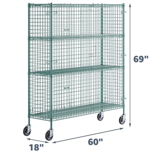 18" x 60" x 69" NSF Heavy Duty Mobile Green Epoxy Wire Shelves with Security Cage Kit, 4 Tier Metal Commercial Storage Rack with Wheels - color: Green, size: 18" x 60" x 69" with Wheels
