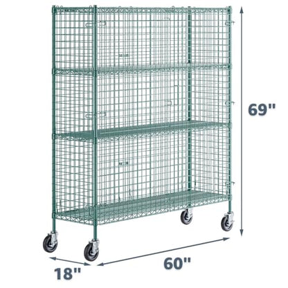 18" x 60" x 69" NSF Heavy Duty Mobile Green Epoxy Wire Shelves with Security Cage Kit, 4 Tier Metal Commercial Storage Rack with Wheels - color: Green, size: 18" x 60" x 69" with Wheels