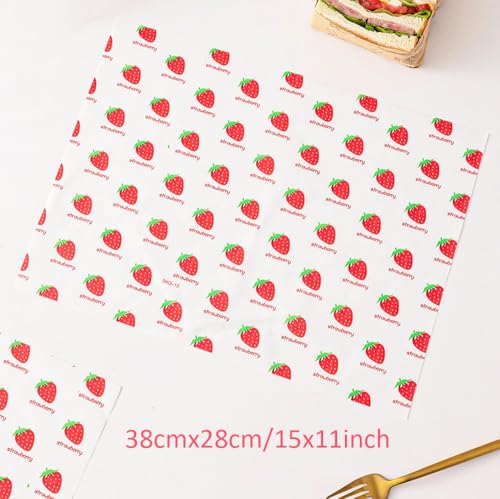 100 Sheets Wax Paper 15 x 11 Inch Greaseproof Sandwich Burger Chips Cuttable Baking Parchment Wraping Paper (Strawberry) - color: Strawberry