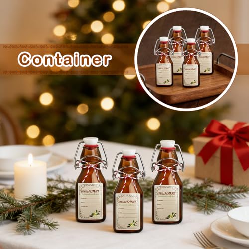 14 Pcs 4 oz Amber Swing Top Brown Square Glass Bottles with Caps Sticker and Cotton Twines Flip Top Glass Bottle for Home Tea Vanilla Extract Beer Brew Oil Supply