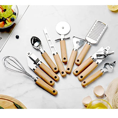 9pcs Kitchen Gadget Set with Wooden Handle, Stainless Steel Cooking Tools Kitchen Accessories Pizza Cutter, Egg Whisk, Vegetable Peeler, Can Opener, Garlic Press - color: Gadget Set