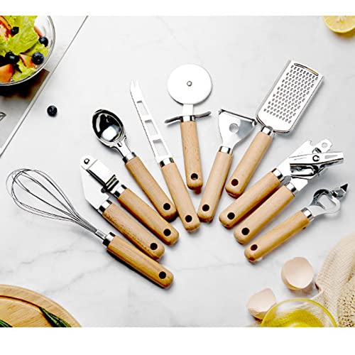 9 Pieces Kitchen Gadget Set with Wooden Handle, Stainless Steel Kitchen Tools Bottle/Can Opener, IceCream Scoop, Pizza Cutter, Peeler, Garlic Press, Cheese Knife/Grater, Whisk. - color: 9pcs kitchen tools