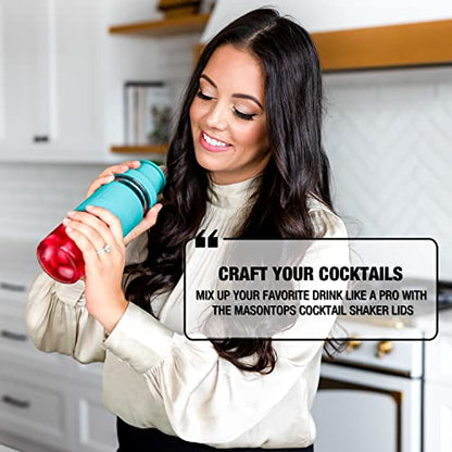 Masontops Cocktail Shaker Lids – Compatible with any Regular Mouth Mason Jar – 2-Pack with 1oz Jigger Caps - Teal - color: Shaker Lids Teal
