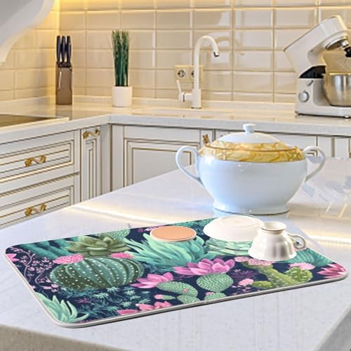 Kcldeci Succulent Plants Cactus Tropical Dish Drying Mat Kitchen Drying Pad Dish Draining Mat Dish Rack Drainer Pad 16 x 18 - color: Cactus, size: 16x18in