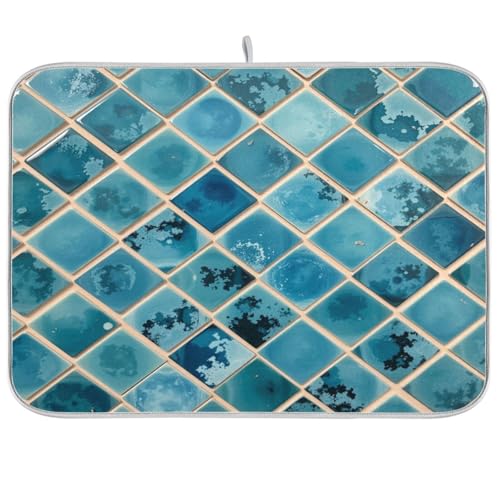 Shiny Turquoise Marble Dish Drying Mats for Kitchen 18x24 inch Drying Pad Dish Drainer Rack Mat Counter Mat Dish Draining Mat - color: Blue, size: 18x24in