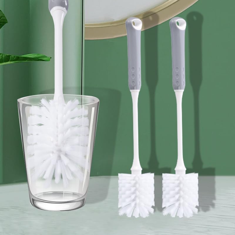 Long Handle Bottle Cleaning Brush with Soft Nylon Bristles, White and Gray, 12.79 Inches, for Baby Bottles, Water Bottles, Glassware