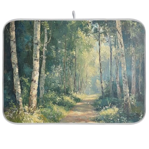 Birch Trees Path Dish Drying Mat for Kitchen Counter Super Absorbent Draining Mat with Non-slip Backed Drainer Mat for Dish Bottles Cups Bowl Draining Racks Countertops Sinks