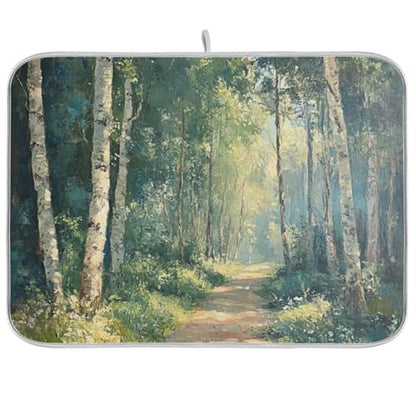 Birch Trees Path Dish Drying Mat for Kitchen Counter Super Absorbent Draining Mat with Non-slip Backed Drainer Mat for Dish Bottles Cups Bowl Draining Racks Countertops Sinks