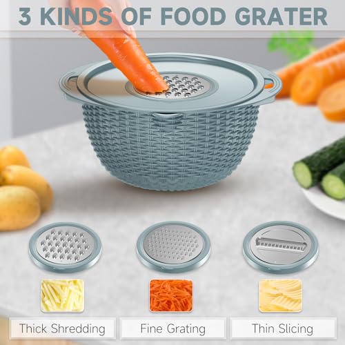 4-1 Strainer with Bowl & Spoons Set - Strainers and Colanders(Patented) - Colanders for kitchen - Food Strainer with New Upgraded Graters & Spoons - Fruit Bowl for Pasta Fruits Veggie- Blue - color: Blue