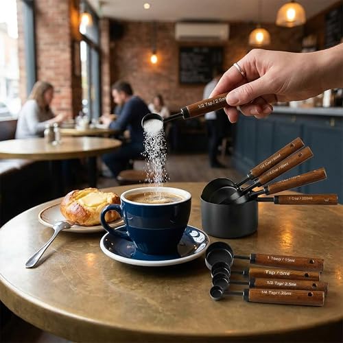 Measuring Cups and Spoons Set, 8PCS Stainless Steel Metal Measuring Cups, Walnut Wood Handle, Black Plated, For Dry and Liquid Ingredients