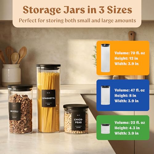 EDELHAUS Glass Storage Containers with Black Lids [Extra Thick Glas] with 54 Labels - Canister For Pantry Noodles Flour Cereal Rice Sugar Tea Coffee Beans - Round Set of 5x - color: 5 Pack - Black Lids