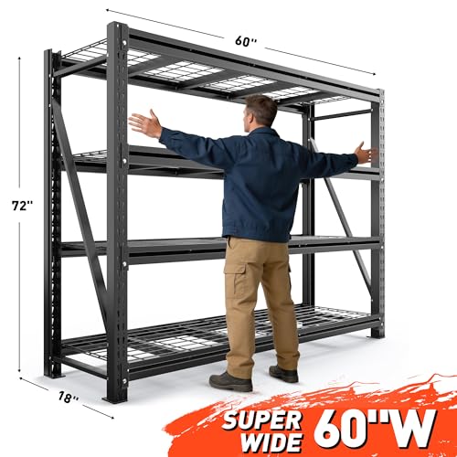 Romorgniz Garage Shelving Heavy Duty, 5000LBS Steel Rack for Garage, Shop | 4‑tier industrial solid steel shelf. Rust‑resistant, one‑piece uprights, side braces for stability, 16 supporting ribs - size: 60" W X 72" H X 18" D