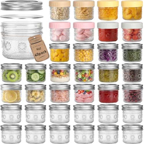 CycleMore 4oz Sunflower Glass Jars 40 Pack with 2 Sets of Lids | Mini Mason Jars with 40 Metal Split + 40 Colorful Plastic Lids. For Jams, Wedding bulk, Wholesale DIY. BPA-Free & Durable - size: SunFlower - 4 oz - 40 Pack & Dual Lids