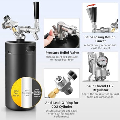 MRbrew 128oz Black Mini Keg Growler Portable Draft Beer Dispenser System Pressurized Stainless Steel Beer Growler Tap System Home Mini Kegerator, with Professional Beer Tap and CO2 Regulator