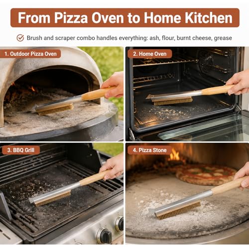 21'' Pizza Oven Brush with Scraper, Brass Bristles Pizza Stone Cleaning Brush with Long Handle and Hanging Loop for BBQ Grill Cleaning, Include 2 Brush Heads
