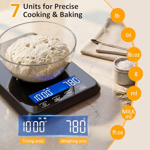 Letron Food Scale, 33 lb / 0.1 oz High Precision Kitchen Scale for Sourdough Bread, Built-in 7 Units, Timing & Tare Function, Rechargeable Digital Kitchen Scale for Food, Baking, Cooking - color: Black