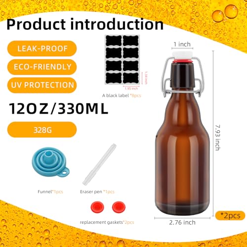 2Pcs Amber Beer Bottles with Flip Caps, 12oz Glass Bottle with Swinging Top for Airtight Lids, Home Brewing and Fermentation Kombucha, Vanilla Extract, Beverage, Water, Kefir