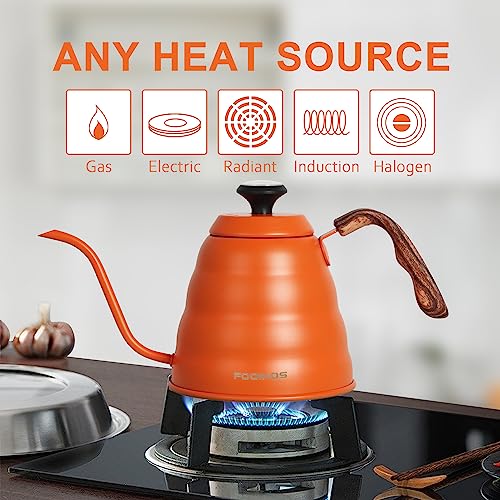 Gooseneck Kettle with Thermometer for Pour Over Coffee & Tea, 42 fl oz, Premium Stainless Steel, Accurate Temperature Control, Ideal Spout for Precision Pouring, Compatible with Stovetops - color: Orange
