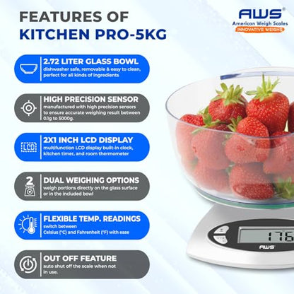 AWS Kitchen Pro 0.1g/0.001oz Precision Food Scale 5kg/11lb Digital Bowl Scale with Tempered Glass, | 2.72L Dishwasher-Safe Bowl, Tare, Timer, Clock & Room Temperature Display | Ultra Cooking Scale - size: 5000g x 1g