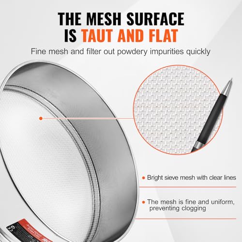 VEVOR Flour Sieve, 12 Mesh Sifter, 304 Stainless Steel Food-grade Fine Mesh Strainer, Dia. 12.6" for Baking, 5 Sizes Mesh Hole for Mungbean, Rice, Pearl Powder - style: 12 Mesh