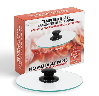 Northwest Enterprises Bacon Press, Round Tempered Glass Bacon Press and Splatter Shield, Perfectly Cooked Flat Bacon Every time! (10 Inch)
