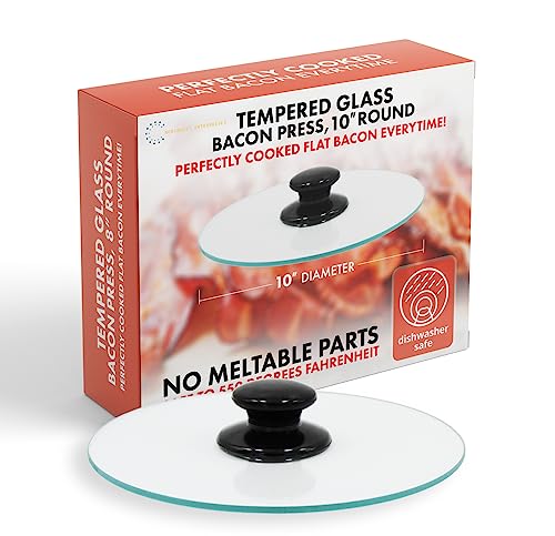 Northwest Enterprises Bacon Press, Round Tempered Glass Bacon Press and Splatter Shield, Perfectly Cooked Flat Bacon Every time! (10 Inch)