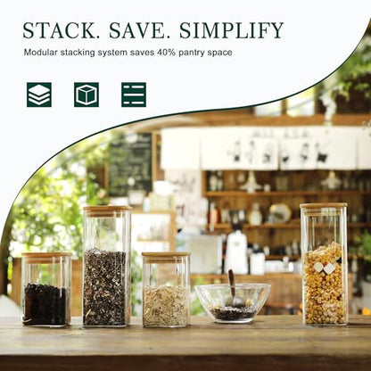 LIBWYS 12-Pack Square Glass Storage Jars with Bamboo Lids (0.6Qt/1.06Qt) - Stackable Food Containers for Pantry Organization, Coffee, Flour, Snacks, Tea | Kitchen Canisters Set