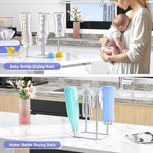 Water Bottle Drying Rack Reusable Bottle Rack Dryer Kitchen Stand Holder Metal Countertop Baby Bottle Drying Rack Water Cup Drying Rack for Plastic Bags, Bottles and Cups (Sliver, Small) - size: Small
