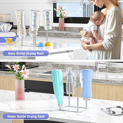 Water Bottle Drying Rack Reusable Bottle Rack Dryer Kitchen Stand Holder Metal Countertop Baby Bottle Drying Rack Water Cup Drying Rack for Plastic Bags, Bottles and Cups (Sliver, Small) - size: Small