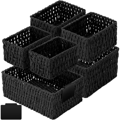Marsui 6 Pcs Wicker Storage Baskets for Pantry Organization with Labels Handwoven Paper Rope Multi-size Black Wicker Storage Bins for Organizing Small Baskets Container for Shelves Closet Toilet - color: Black, style: Paper Rope