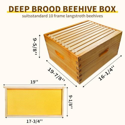 10 Frame Deep Brood Box Langstroth Bee Hive Box Dipped in Beeswax, Sections of Wood for Beehives Include Beehive Frames and Wax Foundations (Yellow Unassembled) - size: Deep 10pack