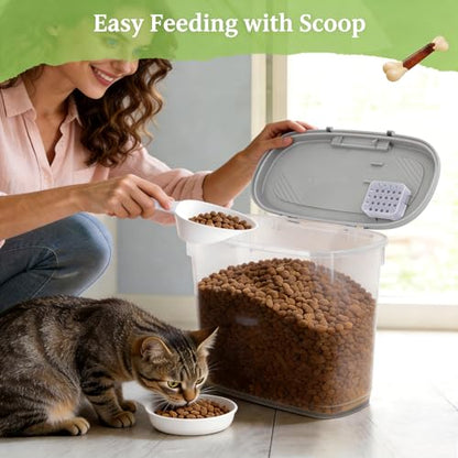 Gray White Airtight Dog Cat Food Storage Container 10 Lbs - Slim Tall Pet Food Treat Container with Lid, Scoop and Cup - Clear Plastic Dry Food Storage Bin for Dogs, Cats, Bird Seeds, Kibble, Pellets - color: Gray White