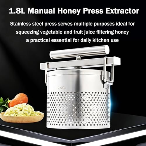 1.8L Manual Honey Press Extractor, Fruit Wine Press, Stainless Fruit Wine Press, Detachable Design, with Filter Bag, for Beeswax, Honey, Fruit & Vegetables