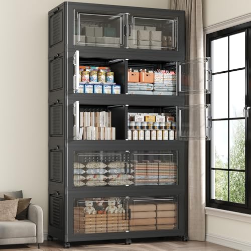 250GAL Storage Bins with Lid and Wheels, Collapsible Storage Box with Dividers, Foldable Plastic Cabinets for Room Kitchen, Stackable Closet Organizers and Storage Drawer, 5 Pack Black - color: Black, size: 50Gal-5Pack