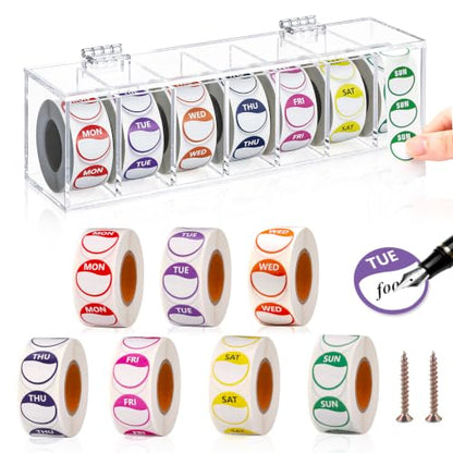 3500 PCS 7 Days of The Week Stickers 0.79 Inch Sticker Roll Dispenser Holder Acrylic Day Dot Dispenser Food Date Labels Stickers Monday to Sunday for Kitchen Restaurant Expiration Date - size: 0.79 Inch Label, style: Round Label
