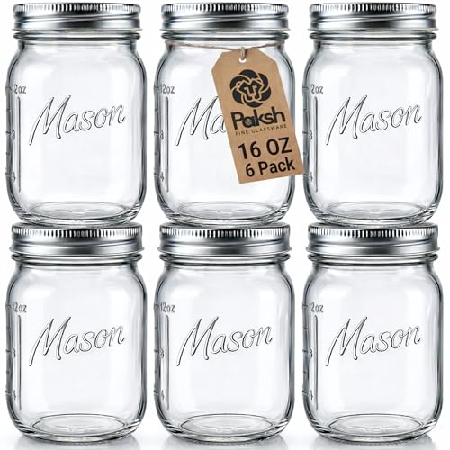 Paksh Novelty Mason Jars 16 oz - 6-Pack Regular Mouth Glass Jars with Lid & Seal Bands - Airtight Container for Pickling, Canning, Candles, Home Decor, Overnight Oats, Fruit Preserves, Jam or Jelly - color: 16 Oz - 6 Pack - Regular