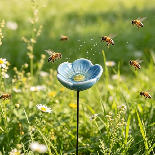 Bee Watering Station for Garden, 27CM Ceramic Bees Cups for Garden, Flower Shaped Bee Watering Station Bird Bath Water Feeder, Butterfly Drinking Cup Bees Bath Bowl Gardens Stakes, fors Outdoor Yard - color: Blue