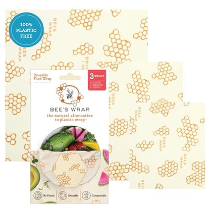 Bee's Wrap Beeswax Wraps for Food - 3 Pack of Assorted Beeswax Wraps - Small, Medium & Large Wrap - Plastic Free Made in USA Reusable Natural Food Wrap - Honeycomb Print - style: 3 Pack (Honeycomb)
