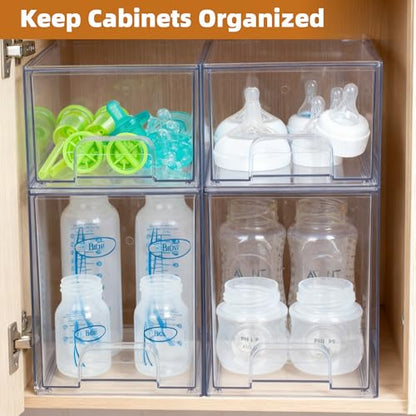 Baby Bottle Organizer, Stackable Storage Drawers with Label, Clear Station Organizers Container for Pacifiers, Pump Parts, Desk Organizer Bins for Bathroom, Cabinet, Pantry, Vanity, Countertop, 4 Pack - style: 2 High+2 Small