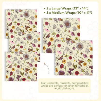Bee's Wrap Beeswax Wraps for Food - Assorted 5 Pack of Beeswax Wraps - 2 Large & 3 Medium Wrap - Plastic Free Made in USA Reusable Natural Food Wrap - Meadow Magic Print - style: Meadow Magic (Beeswax) 5 Pack