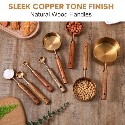 8-Piece Stainless Steel Measuring Cups and Spoons Set - Rose Gold Baking Measuring Cups and Spoons Set with Wooden Handles for Cooking & Baking (US & Metric Measurements)