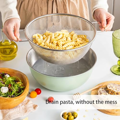 304 Stainless Steel Rice Washing Bowl and 40 Mesh Strainer Set, 3.5QT | 40-mesh strainer helps prevent grain loss while measurement marks and sturdy handles make rinsing and draining easier. - color: Green