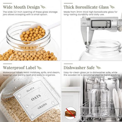 CONNOO 66 oz Set of 2 Large Glass Food Storage Jars Airtight Acacia Wood Lid Pantry Containers with 120 Labels Wide-Mouth Design for Easy Scooping for Flour, Sugar, Rice, Pasta, Coffee and Dry Foods - color: cylindrical/66oz/2pcs